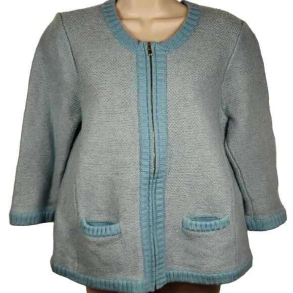 Ann Taylor Cardigan Sweater Merino Wool Modal Blue Gray Turquoise Chanel L - Picture 12 of 12
